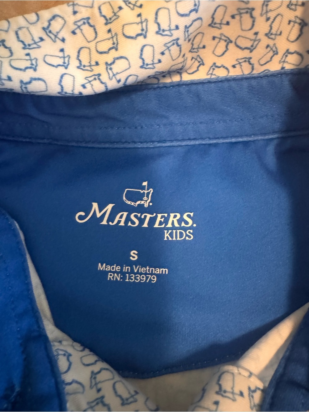 Masters White Polo with Blue Print and Yellow Logo - Picture 2 of 2